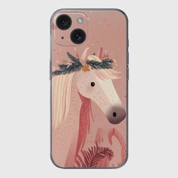 Чехол для iPhone 15 силиконовый с защитой камеры Лошадка с новогодним венком