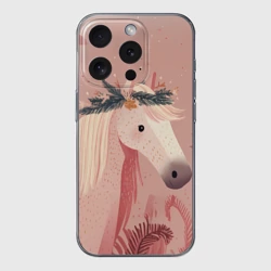 Чехол для iPhone 15 Pro силиконовый с защитой камеры Лошадка с новогодним венком