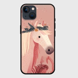 Чехол для iPhone 14 Лошадка с новогодним венком