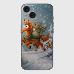 Чехол для iPhone 15 силиконовый с защитой камеры Новогодняя лошадка с большими глазами