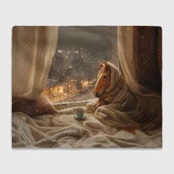 Плед 3D Лошадь с кофе лежит у окна