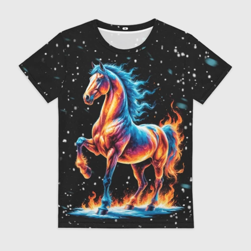Женская футболка 3D Лошадь на снегу
