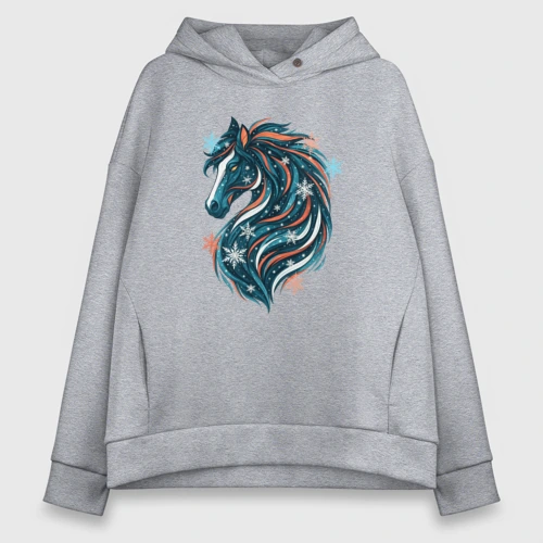 Женское худи Oversize хлопок Конь со снежинками