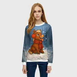 Женский свитшот 3D Лошадка ловит снежинку - фото 2