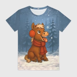 Женская футболка 3D Лошадка ловит снежинку