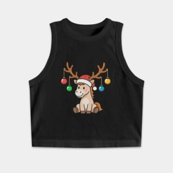 Женская укороченная майка-топ хлопок Лошадь в шапке Санта-Клауса и рогами оленя