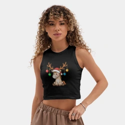 Женская укороченная майка-топ хлопок Лошадь в шапке Санта-Клауса и рогами оленя - фото 2