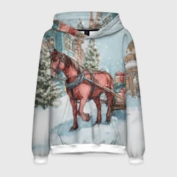 Мужская толстовка 3D Лошадка везет новогодние  подарки 