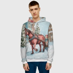 Мужская толстовка 3D Лошадка везет новогодние  подарки  - фото 2