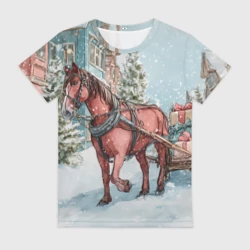 Женская футболка 3D Лошадка везет новогодние  подарки 