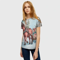 Женская футболка 3D Лошадка везет новогодние  подарки  - фото 2