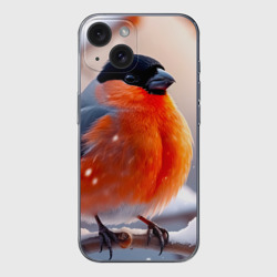 Чехол для iPhone 15 силиконовый с защитой камеры Снегирь на зимней ветке