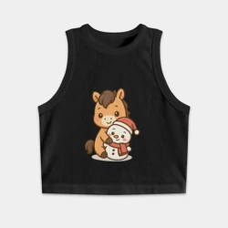 Женская укороченная майка-топ хлопок Лошадка обнимает снеговика