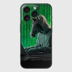 Чехол для iPhone 16 Pro силиконовый с защитой камеры Конь хакер на фоне матрицы