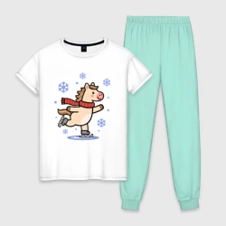 Женская пижама с белой футболкой хлопок Лошадь на коньках, снежинки