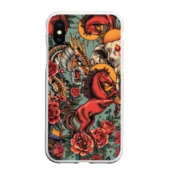 Чехол для iPhone XS Max матовый Красный конь с мифическими животными в стиле тату
