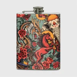 Фляга Красный конь с мифическими животными в стиле тату