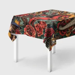Скатерть 3D Красный конь с мифическими животными в стиле тату