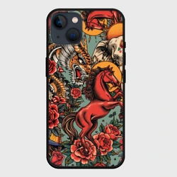 Чехол для iPhone 14 Красный конь с мифическими животными в стиле тату