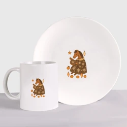 Набор: тарелка + кружка Новогодняя лошадка вышивает снежинку