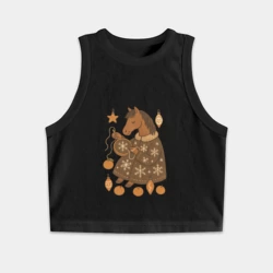 Женская укороченная майка-топ хлопок Новогодняя лошадка вышивает снежинку