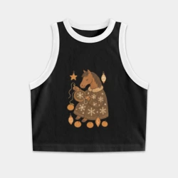 Женская укороченная майка-топ хлопок Новогодняя лошадка вышивает снежинку