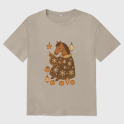 Женская футболка хлопок Oversize Новогодняя лошадка вышивает снежинку