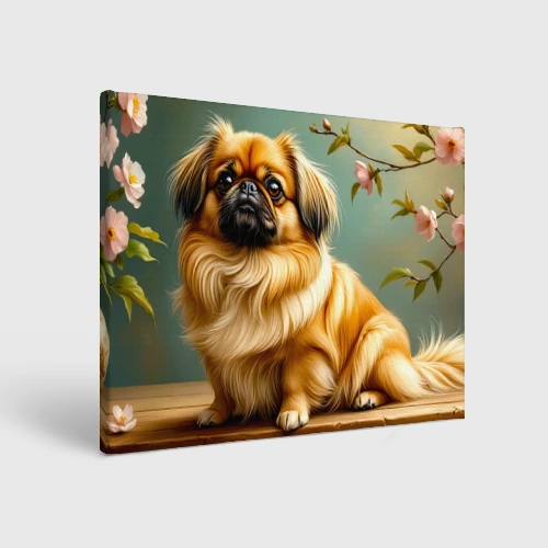 Холст прямоугольный Пёкинес среди цветущих ветвей