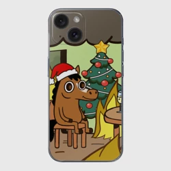 Чехол для iPhone 15 силиконовый с защитой камеры Конь среди огня - this is fine