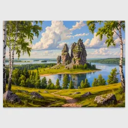 Поздравительная открытка Скалы у озера: песнь лета