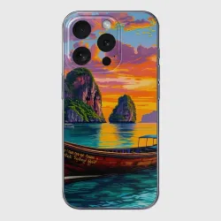 Чехол для iPhone 15 Pro Max силиконовый с защитой камеры Тропический закат у скал