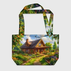 Пляжная сумка 3D Уютный домик в цветущем саду