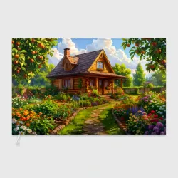 Флаг 3D Уютный домик в цветущем саду