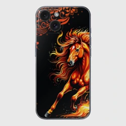 Чехол для iPhone 15 силиконовый с защитой камеры Огненный конь в русской хохломе