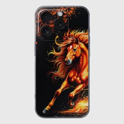 Чехол для iPhone 16 Pro Max силиконовый с защитой камеры Огненный конь в русской хохломе