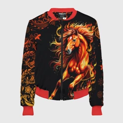 Женский бомбер 3D Огненный конь в русской хохломе