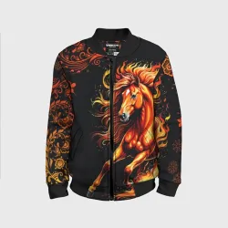 Детский бомбер 3D Огненный конь в русской хохломе
