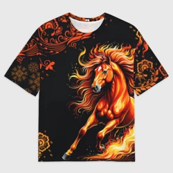 Мужская футболка oversize 3D Огненный конь в русской хохломе