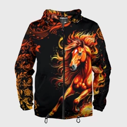 Мужская ветровка 3D Огненный конь в русской хохломе