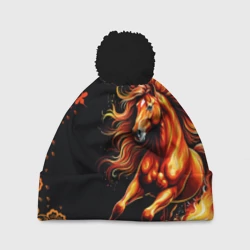 Шапка 3D c помпоном Огненный конь в русской хохломе