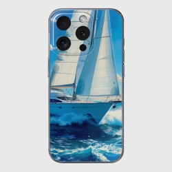 Чехол для iPhone 15 Pro силиконовый с защитой камеры Покорение волн на яхте