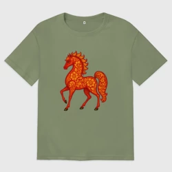 Мужская футболка хлопок Oversize Огненная лошадка из хохломы 