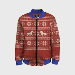 Детский бомбер 3D Вязанные кони - красный паттерн алатырь 