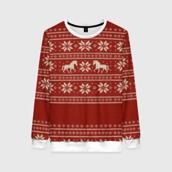 Женский свитшот 3D Вязанные кони - красный паттерн алатырь 
