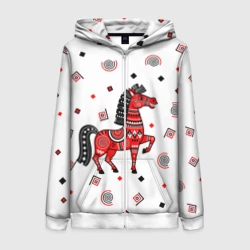 Женская толстовка 3D на молнии Красный конь на фоне с орнаментом