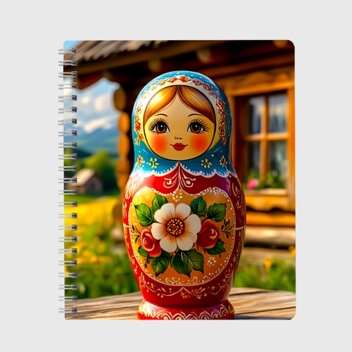 Тетрадь Матрёшка на фоне русской избы