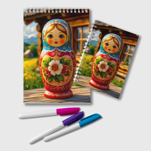 Блокнот Матрёшка на фоне русской избы