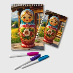Блокнот Матрёшка на фоне русской избы