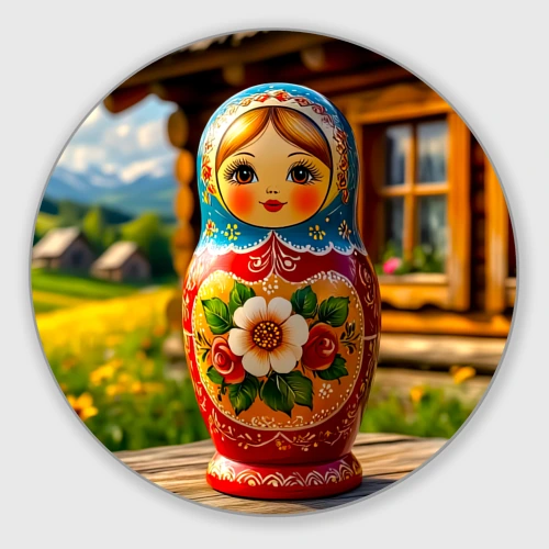Круглый коврик для мышки Матрёшка на фоне русской избы