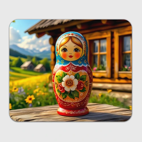Прямоугольный коврик для мышки Матрёшка на фоне русской избы